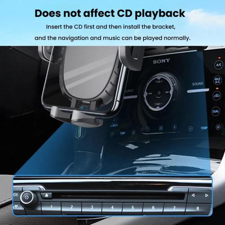 Car CD-slot phone holder mounted on dash, CD slot visible beneath the mount.