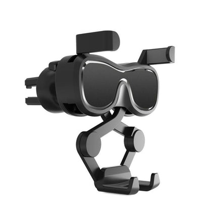 Car air vent phone holder with black eyeglass frame and dark tinted lenses