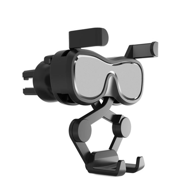 Car air vent phone holder with black eyeglass frame and light gray tinted lenses