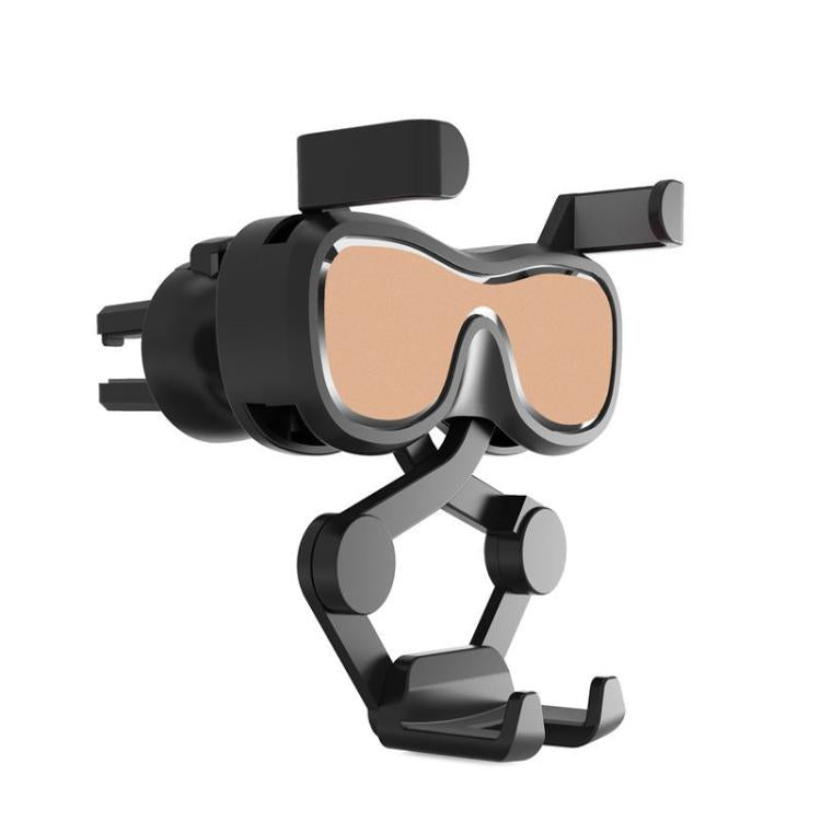Car air vent phone holder with black eyeglass frame and tan tinted lenses