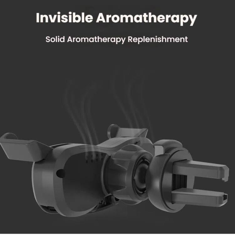 Car air vent phone holder with black eyeglass frame and dark tinted lenses
