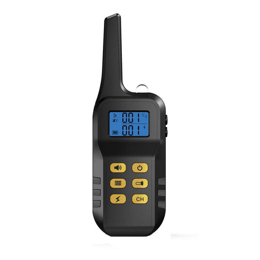 Black dog training remote with blue display and yellow control buttons.