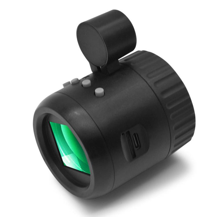 Black night vision monocular with green-tinted front lens and top hood