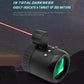 Black night vision monocular with green front lens and red laser indicator light