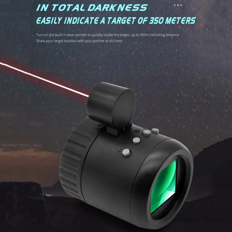 Black night vision monocular with green front lens and red laser indicator light