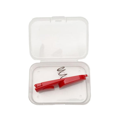 Long red vacuum switch button snap repair part in open white plastic case