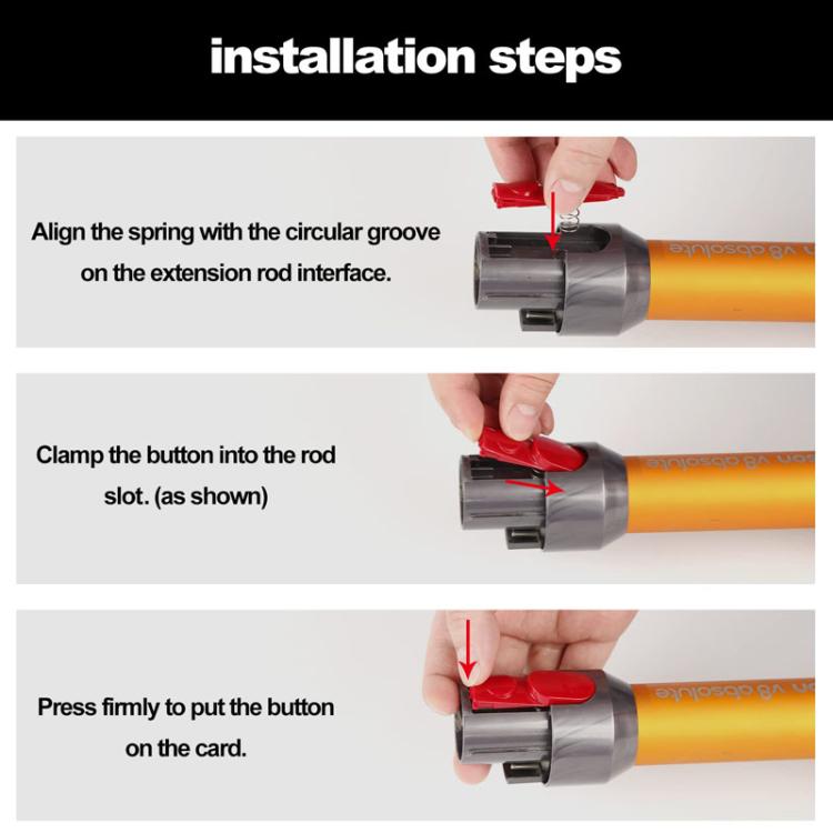 Long red snap-in switch button repair part with spring, installation shown