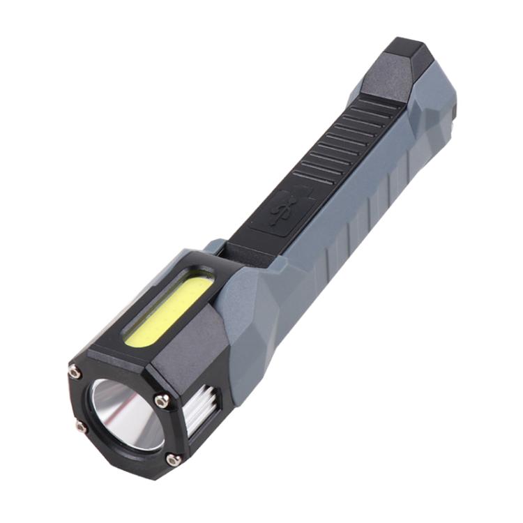 Gray COB work light with yellow lens window and ring handle, compact handheld