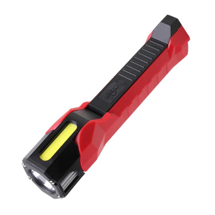 Red COB work light with yellow lens window and ring handle, compact handheld