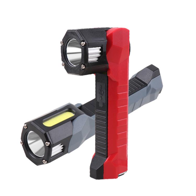 Red and gray COB work light with rotating head, yellow lens strip and ring lens