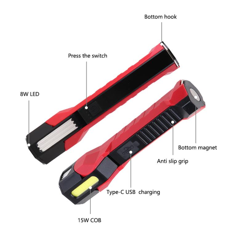 Red rotating COB work light bar with anti-slip grip, Type-C charging, bottom hook and magnet