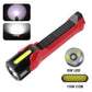Red COB work light with yellow lens strip, front spotlight lens, and 8 LED bar