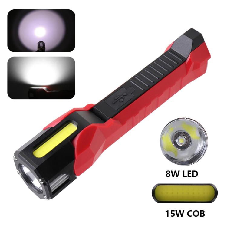 Red COB work light with yellow lens strip, front spotlight lens, and 8 LED bar