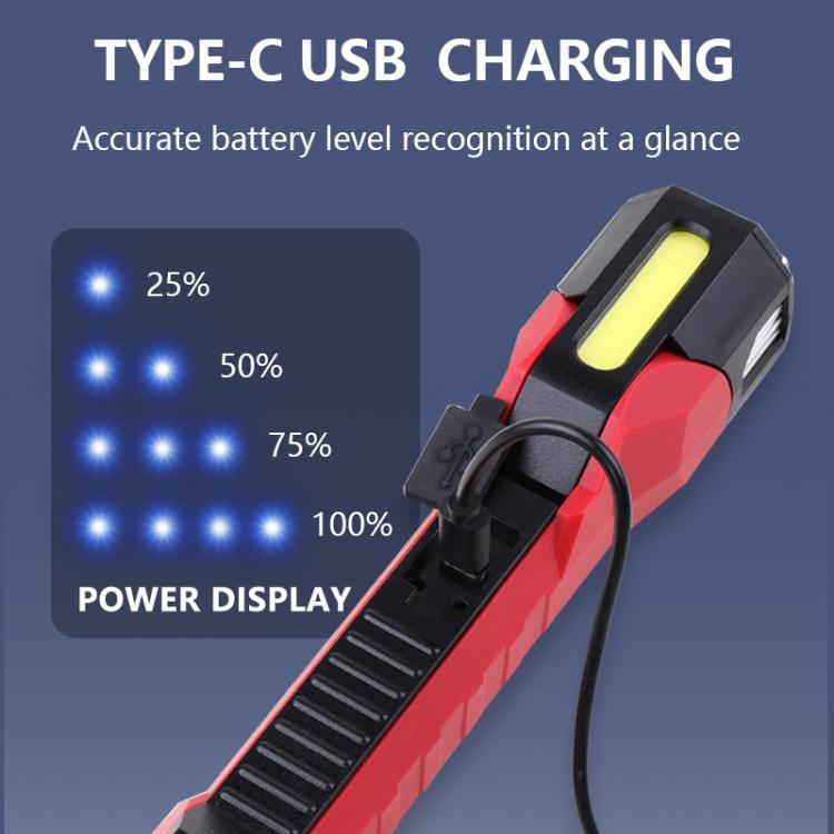 Red COB work light with Type-C charging port and battery power indicator