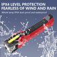 Red COB work light with sealed housing, yellow lens strip, built for wind and rain