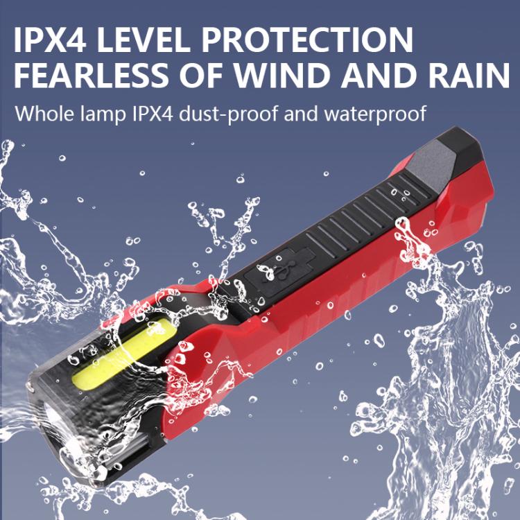 Red COB work light with sealed housing, yellow lens strip, built for wind and rain