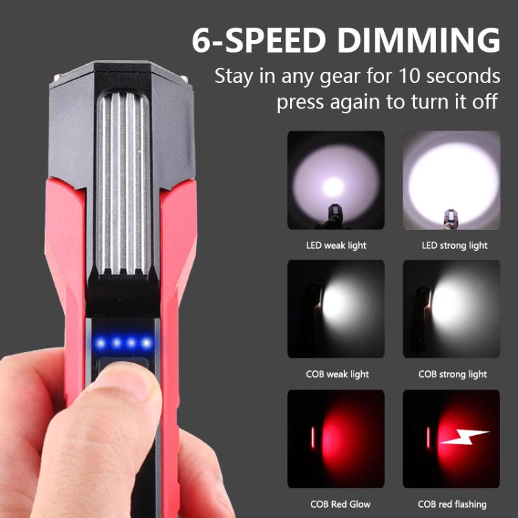 Red COB work light with multiple dimming levels and flashing light modes