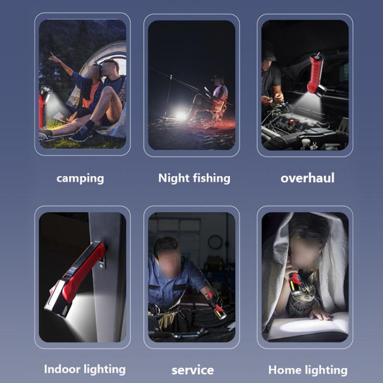 Rotating emergency work light with red COB bulb, hanging/magnet-style hook, bright beam