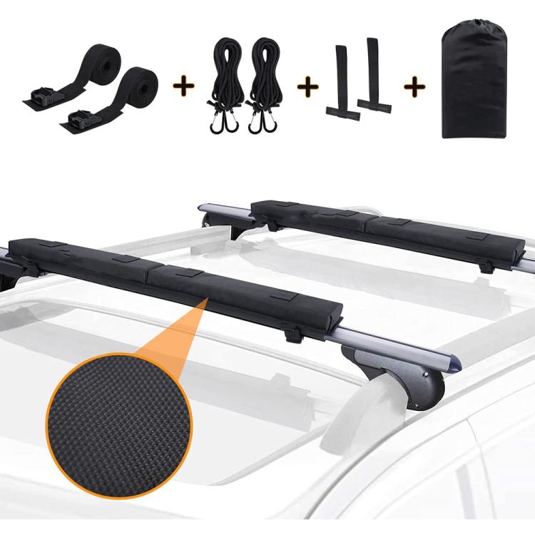 Black roof rack surfboard cushions with mounting straps, buckle pieces, and storage bag