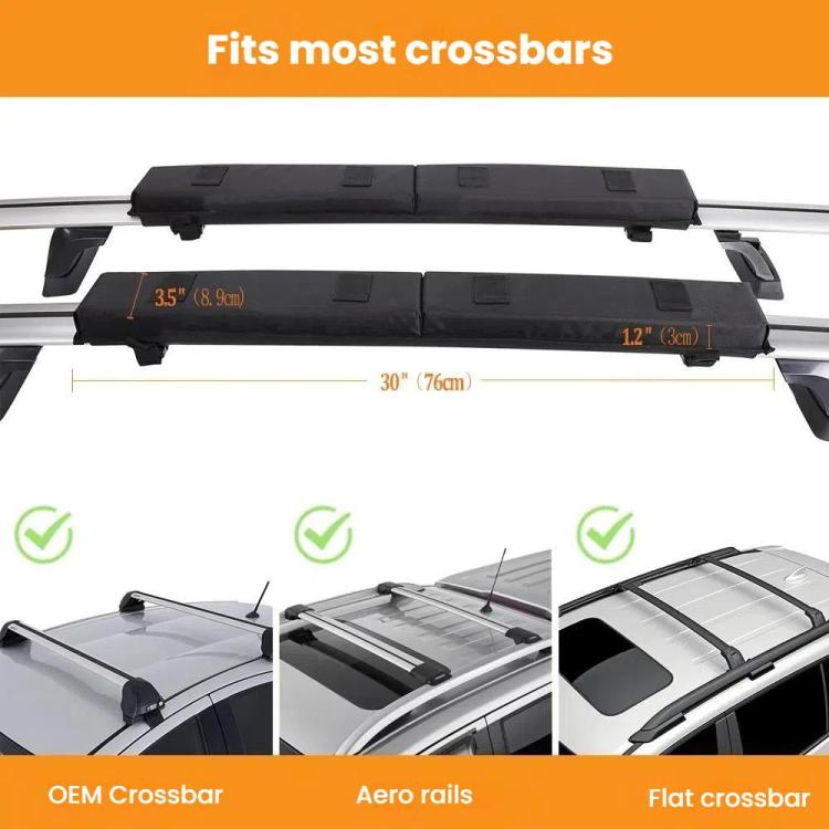 Black surfboard roof rack pads on crossbars with fold seams for secure fit