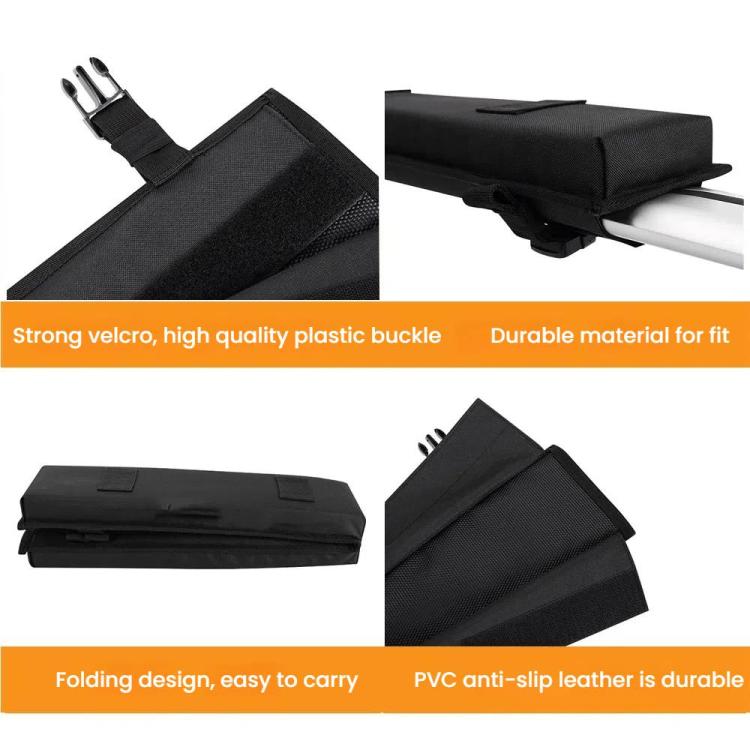 Black surfboard rack cushion with adjustable Velcro strap, buckle, and textured grip surface