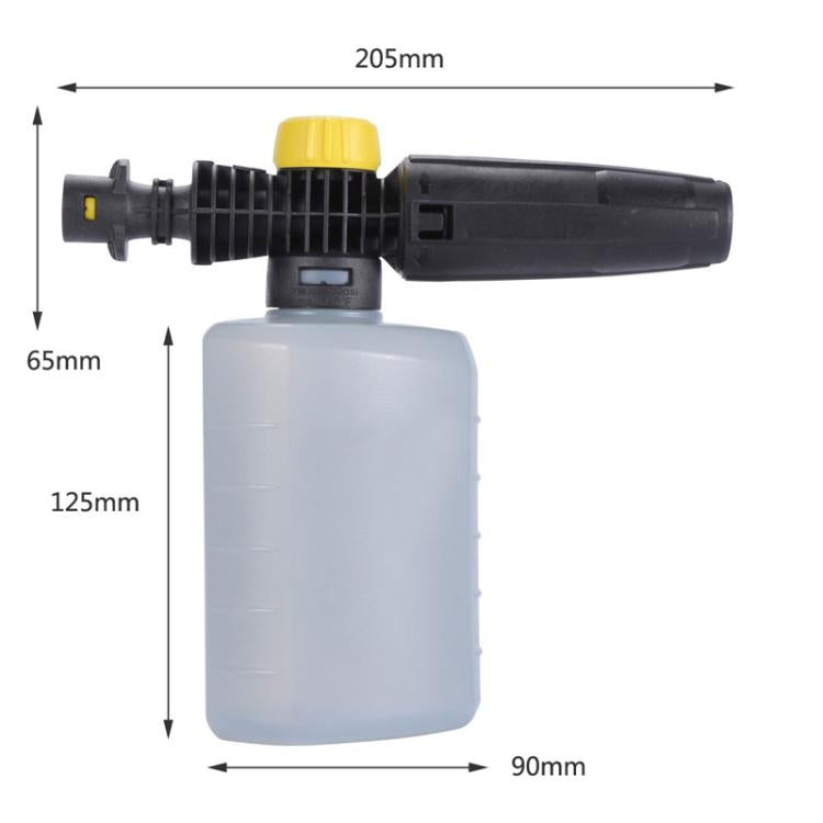 0.6L foam sprayer bottle with black-and-yellow spray gun, with dimensions