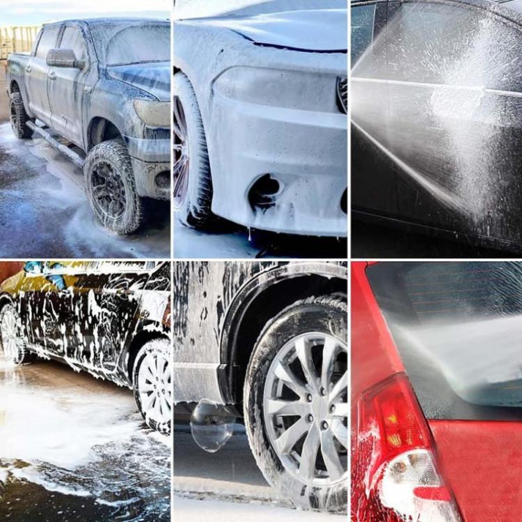 Car covered in white soap foam across body, wheels, and rear panel