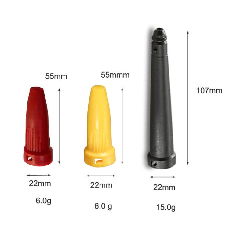 Steam cleaner extension nozzle tips shown with size measurements for red, yellow, and black