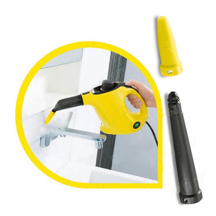 Steam cleaner extension nozzle attached, featuring a yellow tip and black tube