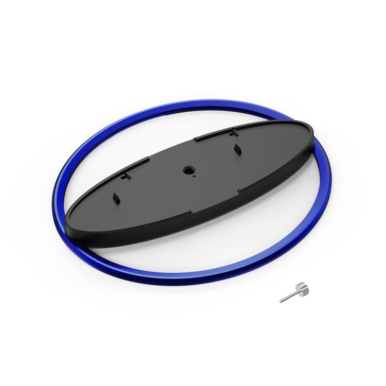 Vertical PS5 console stand base with blue ring, non-slip pad, and screws