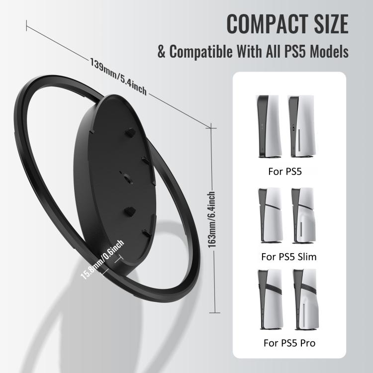 Compact PS5 vertical stand base with oval mounting plate and size guide
