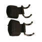 Two black pull-up booster belts shown from side with metal hooks and wide strap pads