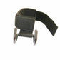 Close-up of a black pull-up booster belt with wide strap and two silver metal hooks