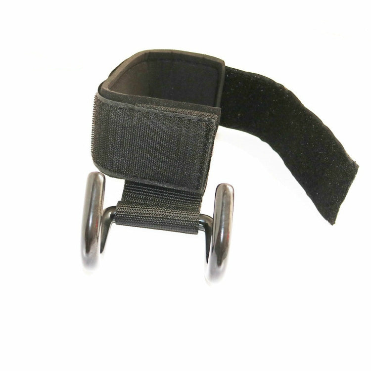 Close-up of a black pull-up booster belt with wide strap and two silver metal hooks