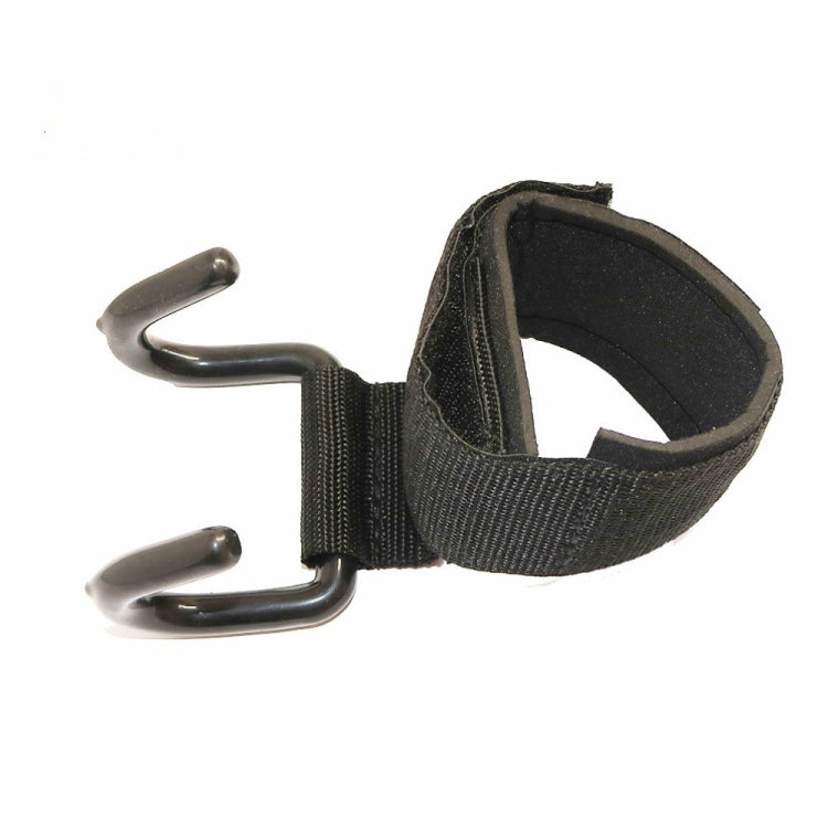 Black pull-up booster belt with padded strap sleeve and two silver metal attachment hooks