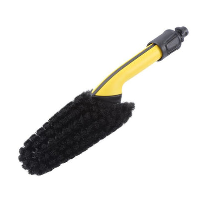 High-pressure wheel rim washing brush with black bristles and yellow handle