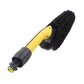 Wheel rim washing brush with curved black bristle head and yellow grip