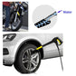 High-pressure wheel rim washing brush with hose spraying near a car tire
