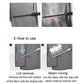 Steam cleaner combing brush in use on fabric, showing steam and lint removal steps
