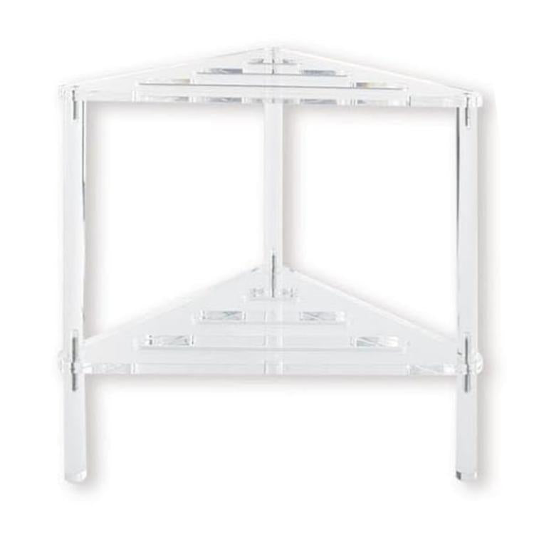 Triangular acrylic shower bracket with two open shelves and clear support legs