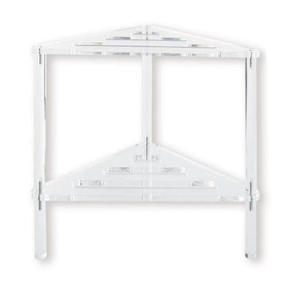 Triangular acrylic shower bracket with two open shelves and clear support legs