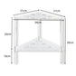 Triangular acrylic shower bracket with two shelves, shown with size measurements