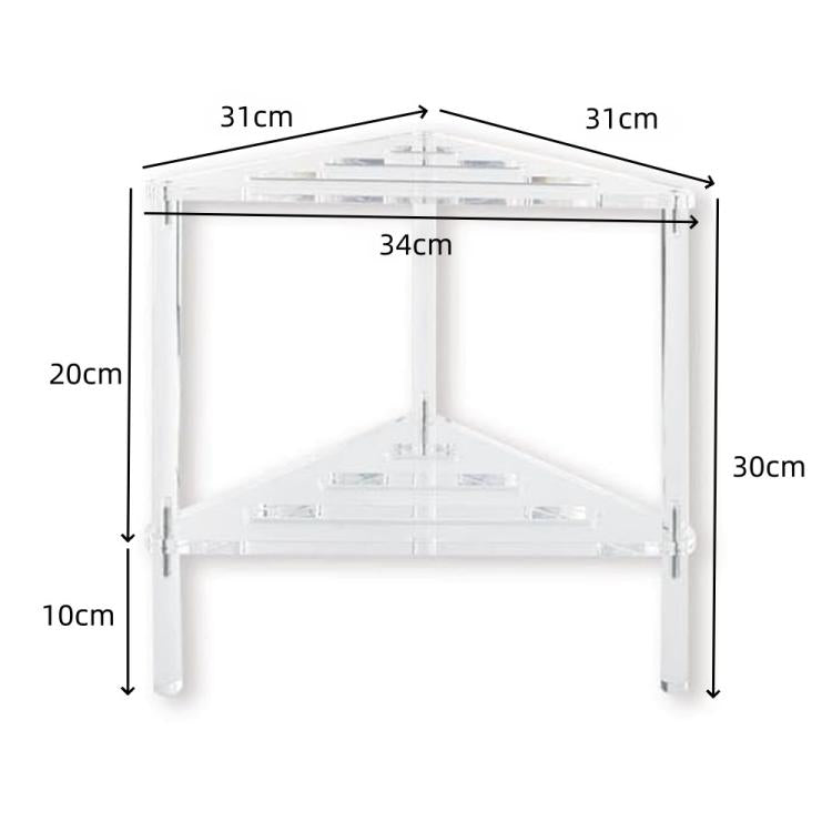 Triangular acrylic shower bracket with two shelves, shown with size measurements