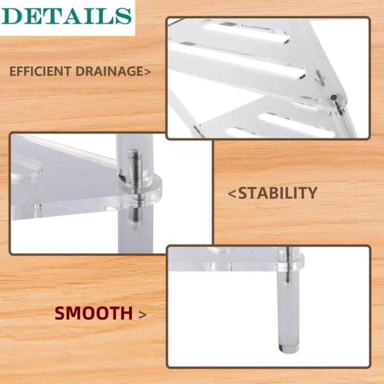 Triangular acrylic shower bracket corner with clear slotted shelves and metal connectors