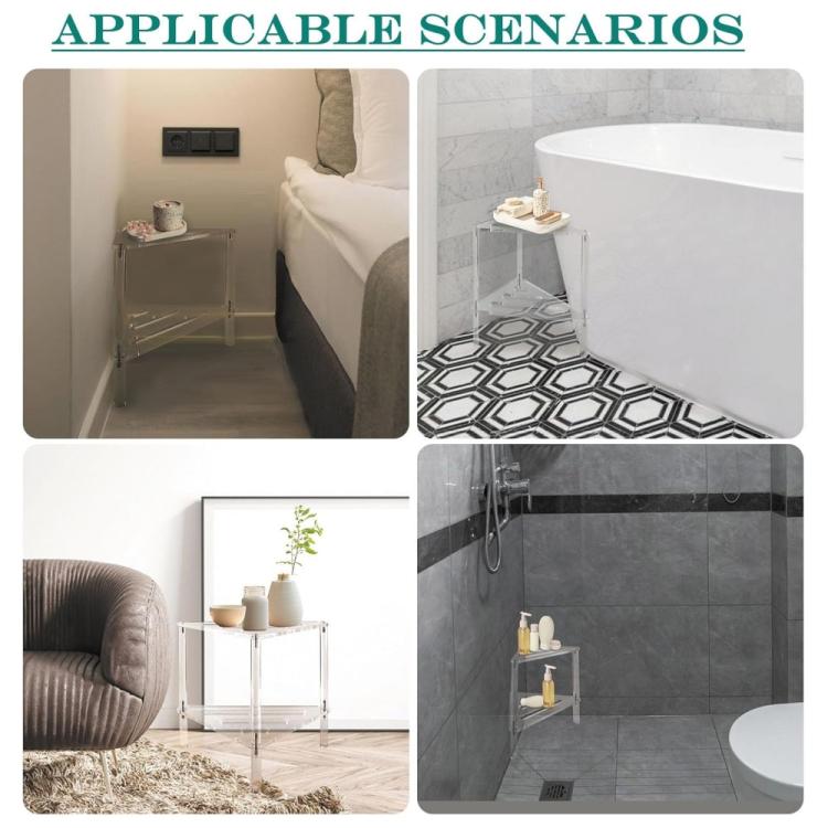 Triangular acrylic shower bracket used in a bathroom corner with two shelves