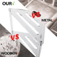 Triangular acrylic shower bracket close-up with slotted shelf panels and side legs