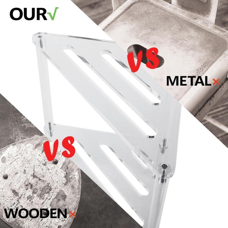Triangular acrylic shower bracket close-up with slotted shelf panels and side legs