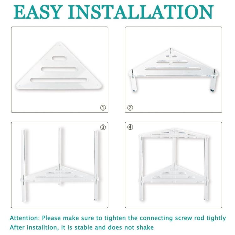 Triangular acrylic shower bracket installation steps with support screws and legs