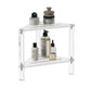 Triangular acrylic shower bracket holding bottles on two clear shelves