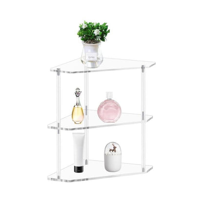 Clear acrylic three-tier corner storage table with glass-style shelves and posts